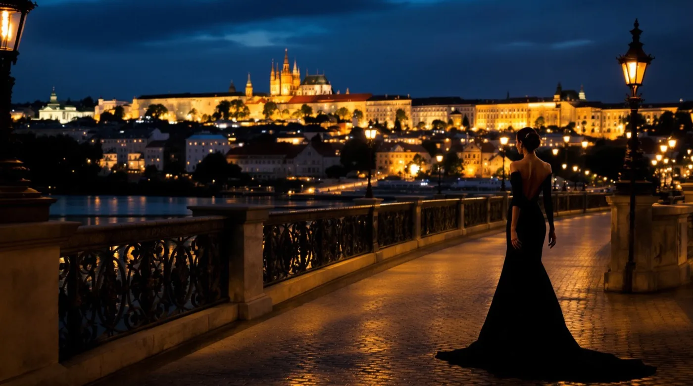 Escort in an evening gown on a Prague embankment at night
