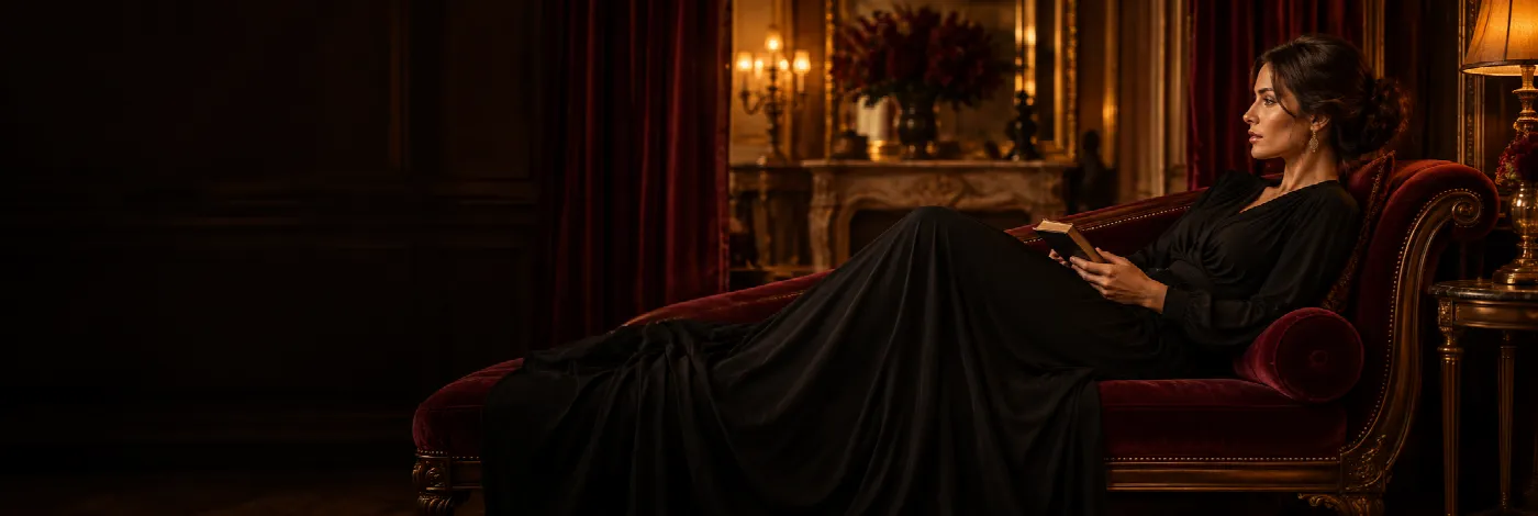 Companion in a black gown on a velvet chaise in a candlelit Prague suite
